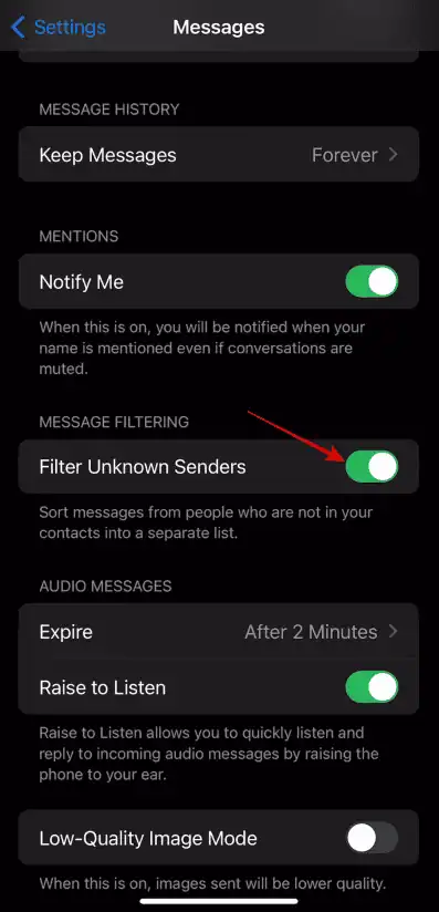 Toggle on Filter Unknown Senders